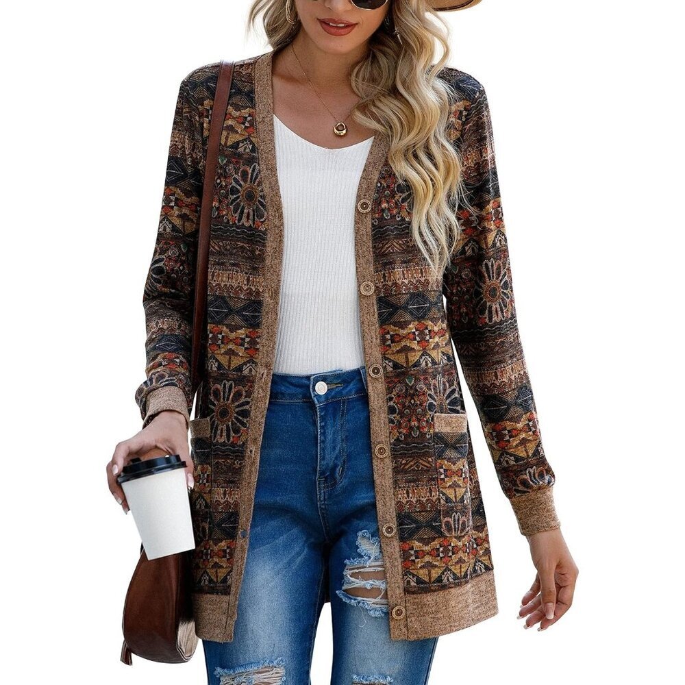 🆕Grecerelle Women Brown Open Front Button Down Ribbed Knit Lightweight Sweater